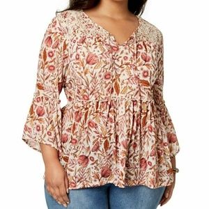 (NWT) Style&Co Women's Printed Bell-Sleeve Brulee Foliage Peasant Top Plus Size